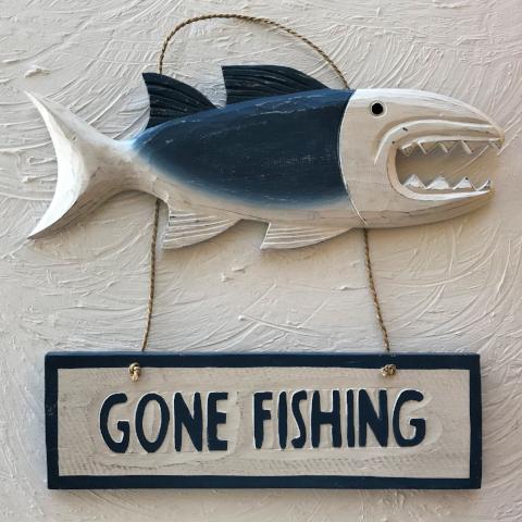 13in Blue Gone Fishing Wood Sign, Fishing sign- Caribbean Rays