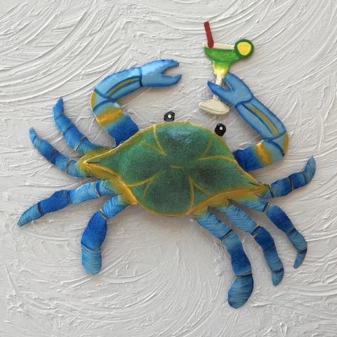 13in Metal Blue Crab with Margarita Wall Decor
