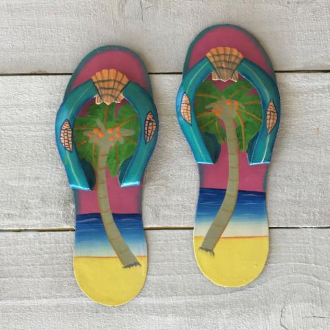 2pc 9in Pink and Aqua Palm Tree Flip Flop Metal Wall Decor by Caribbean Rays
