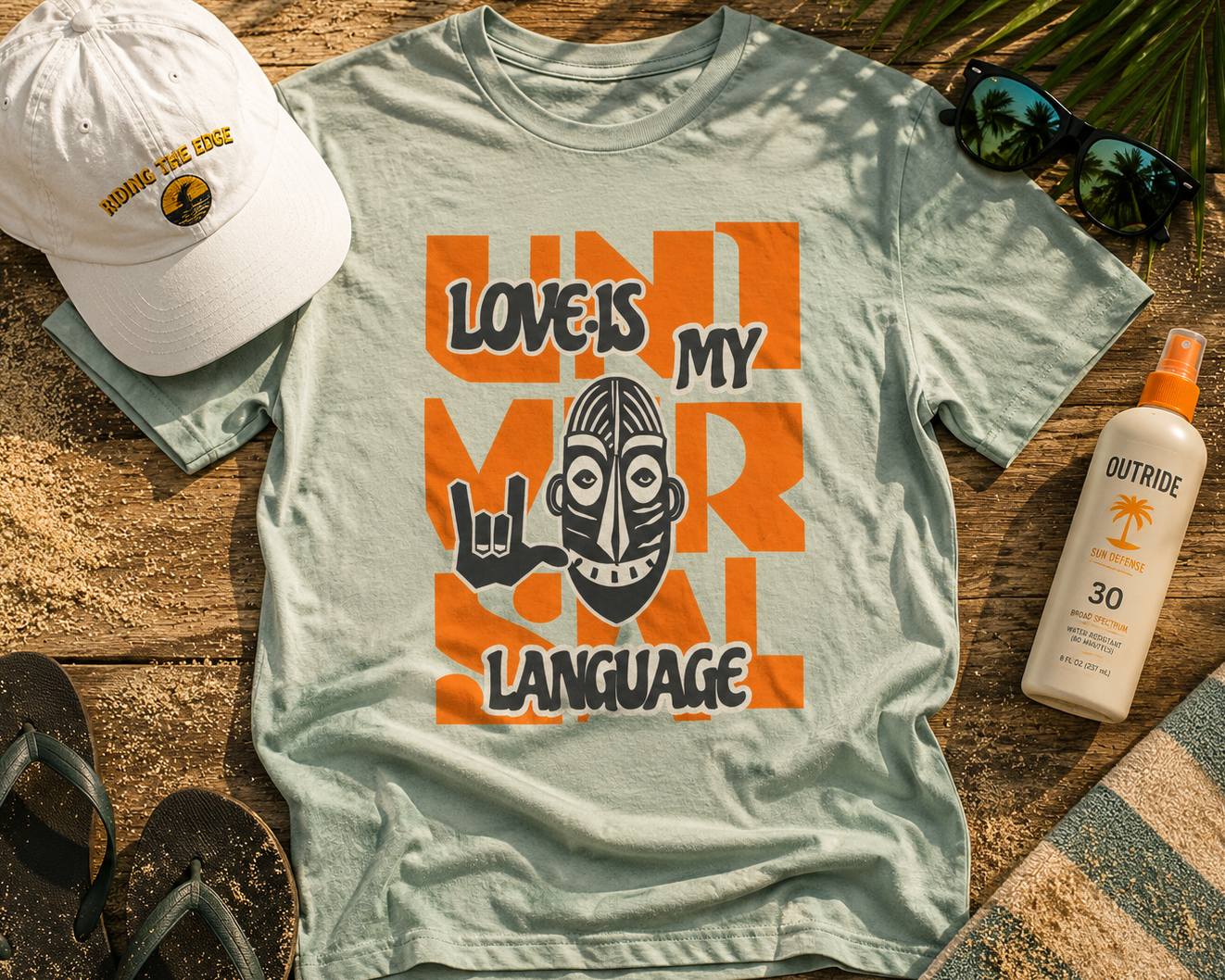 T-shirt with 'Love is My Mother Language' design on a wooden surface with accessories.