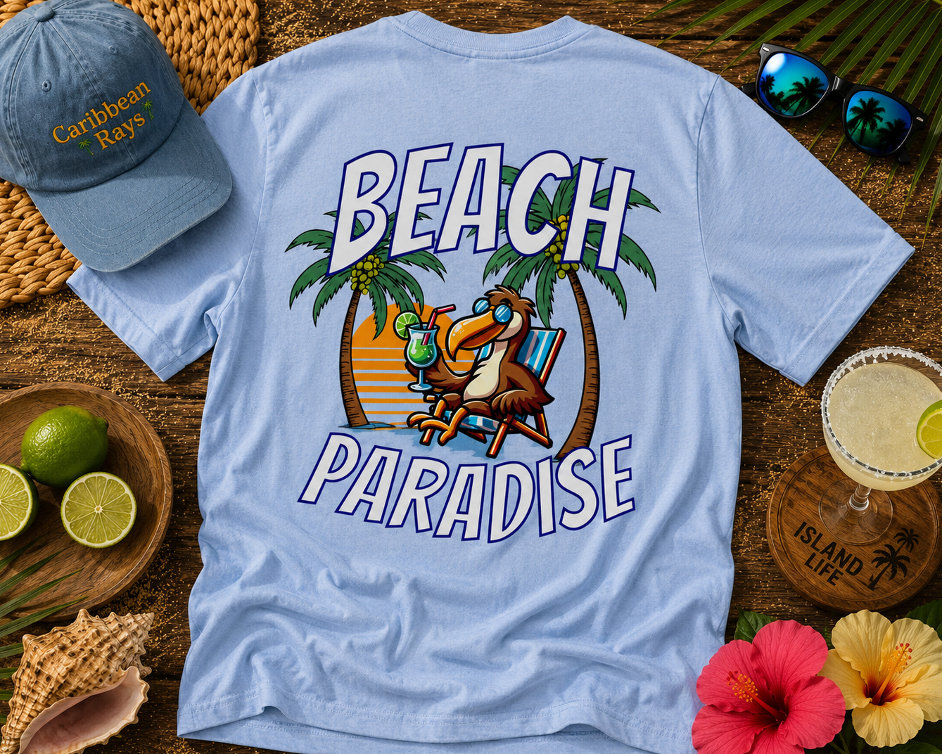 Light blue t-shirt with 'Beach Paradise' design, cap, limes, and flowers on a wooden surface.