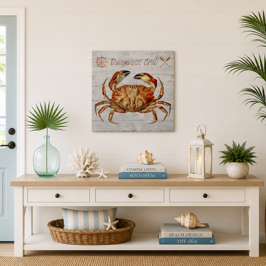 Nautical-themed decor in a room with a wooden console table, framed crab art, and decorative items.