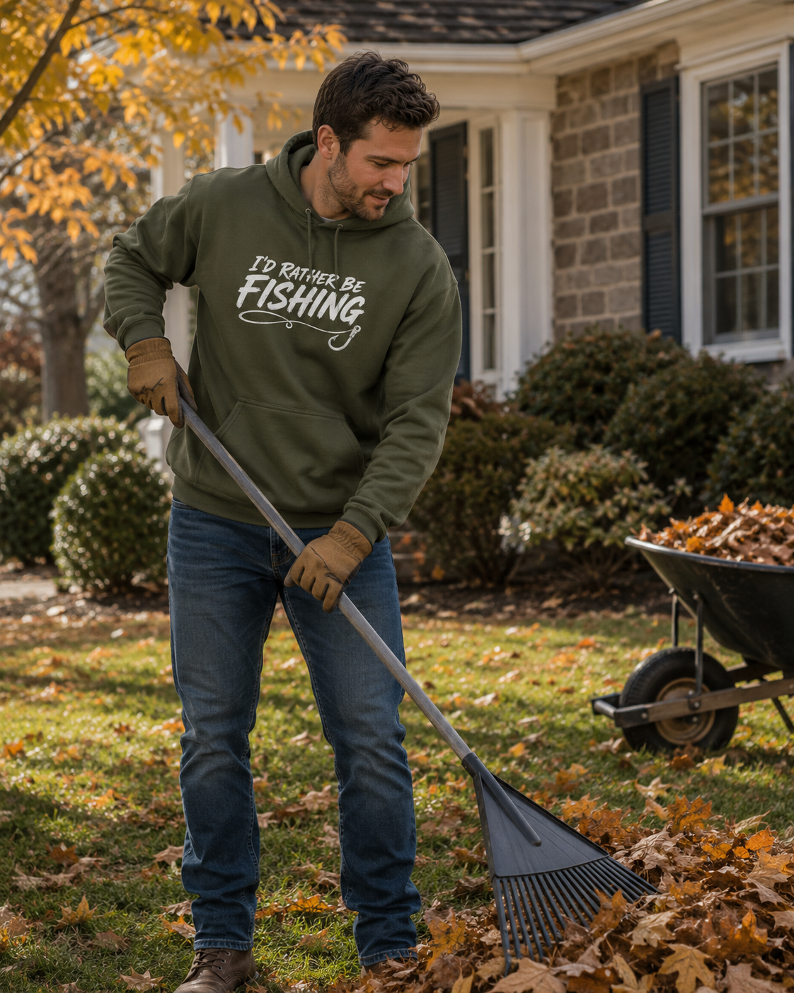 A man in an olive green hoodie with the text 'I'D Rather Be FISHING' rakes fallen leaves in a front yard next to a wheelbarrow of leaves.