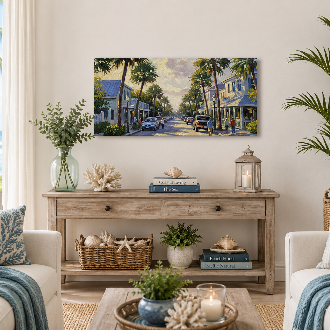 Living room with a coastal-themed wall art piece, furniture, and decor.