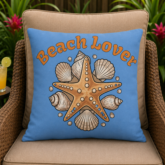 Beach Lover Outdoor Pillow — Coastal Starfish & Shell Accent Pillow for Patio, Porch, Pool