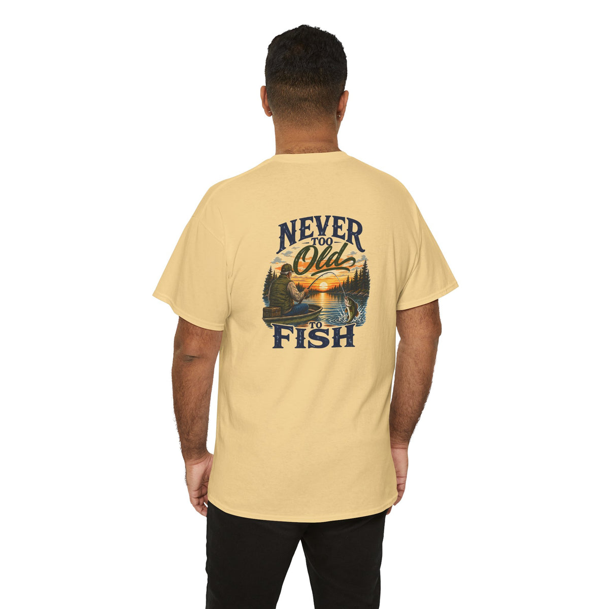 T-Shirt — "Never Too Old to Fish" Fishing Tee (Sunset Lake Design)