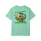Mint green t-shirt with a parrot graphic and text on the back, on a white background