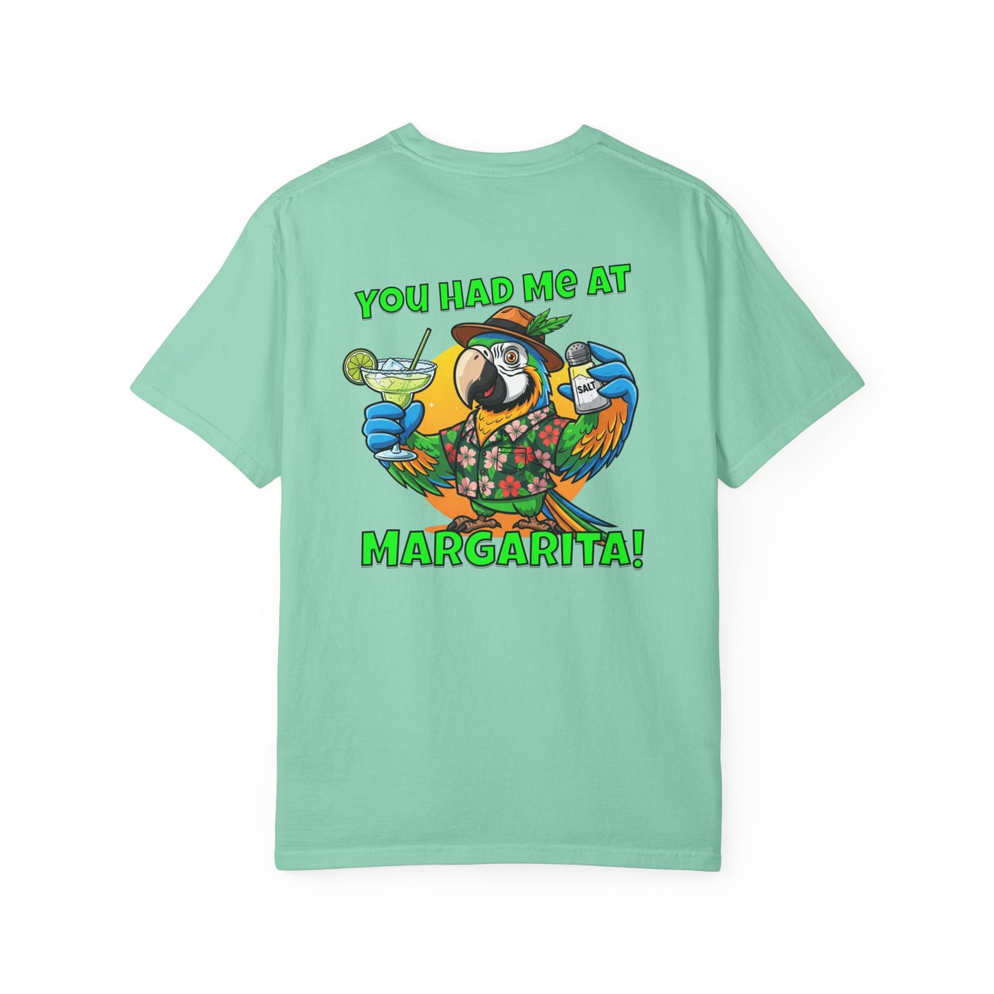Mint green t-shirt with a parrot graphic and text on the back, on a white background
