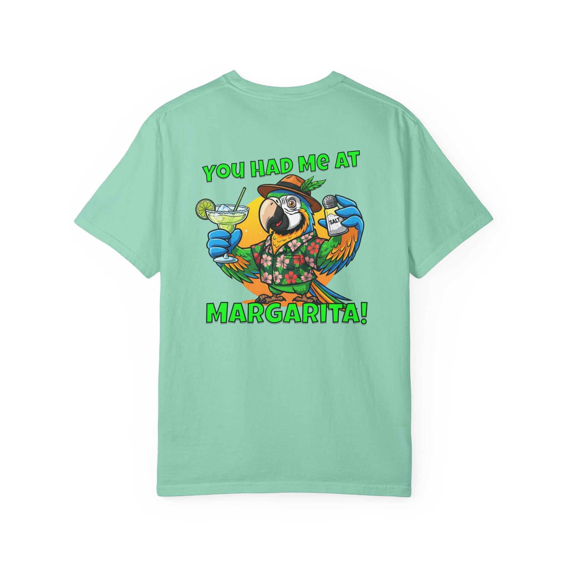 Mint green t-shirt with a parrot graphic and text on the back, on a white background