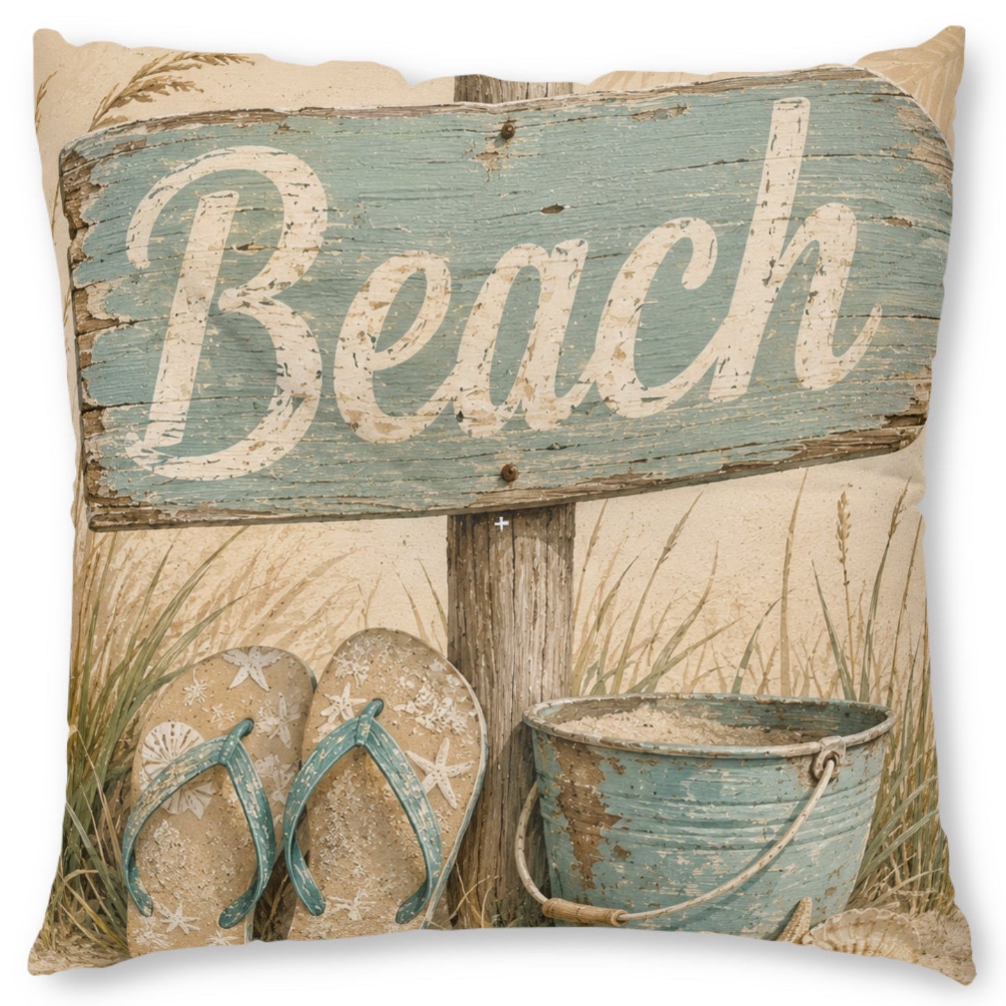 Square decorative throw pillow featuring a rustic beach-themed print with a weathered blue 'Beach' sign, flip-flops, and a metal bucket on a light beige background.