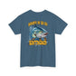 Blue t-shirt with barracuda graphic and text on a white background
