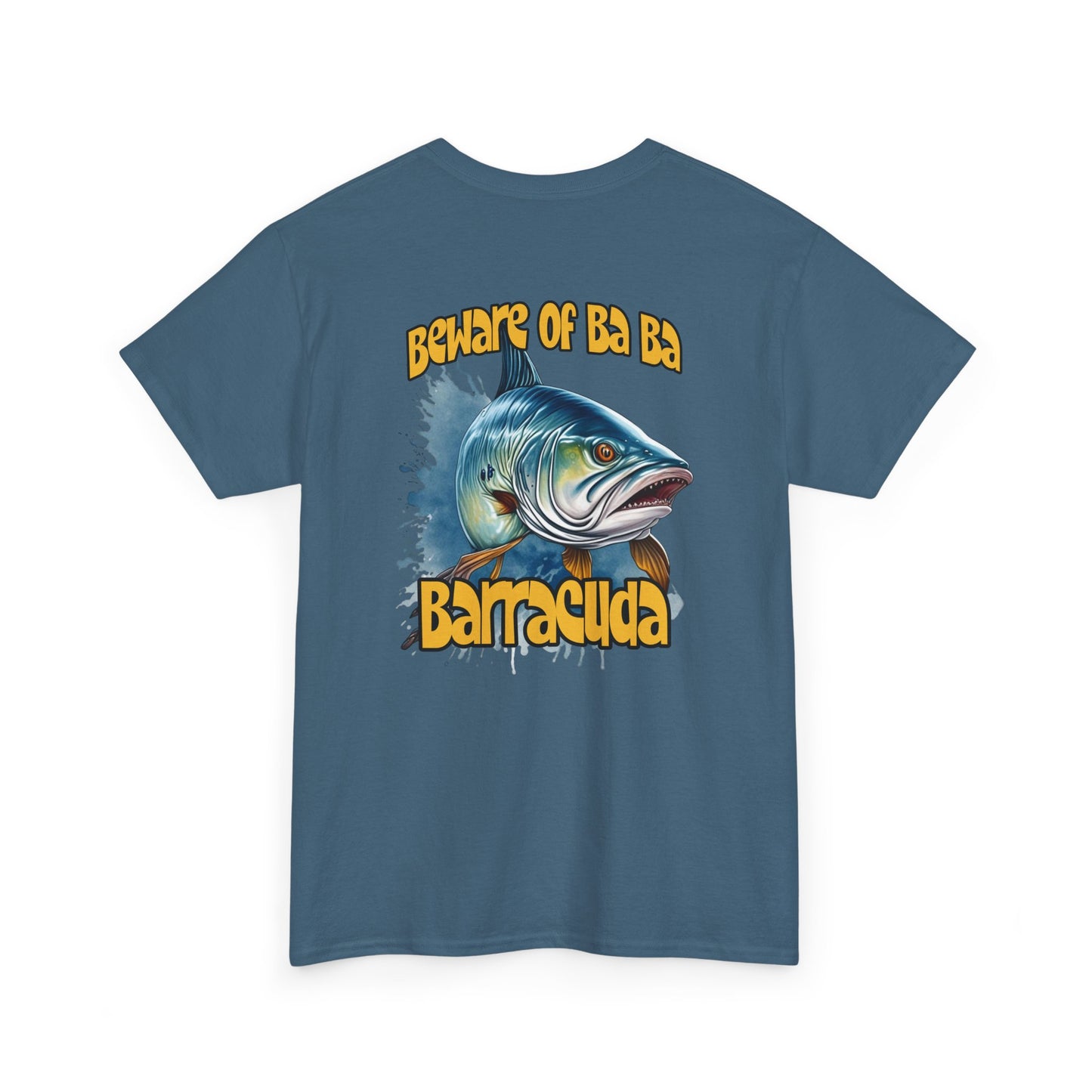 Blue t-shirt with barracuda graphic and text on a white background