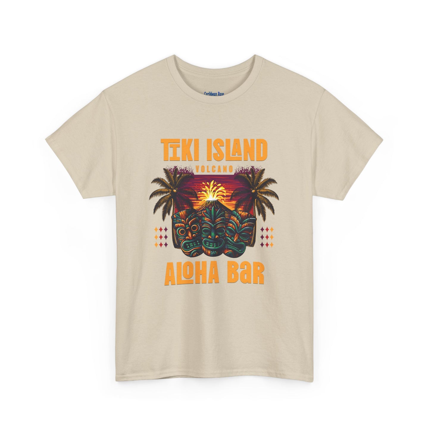 Beige t-shirt with Tiki Island and Aloha Bar design on a white background  at Caribbean Rays