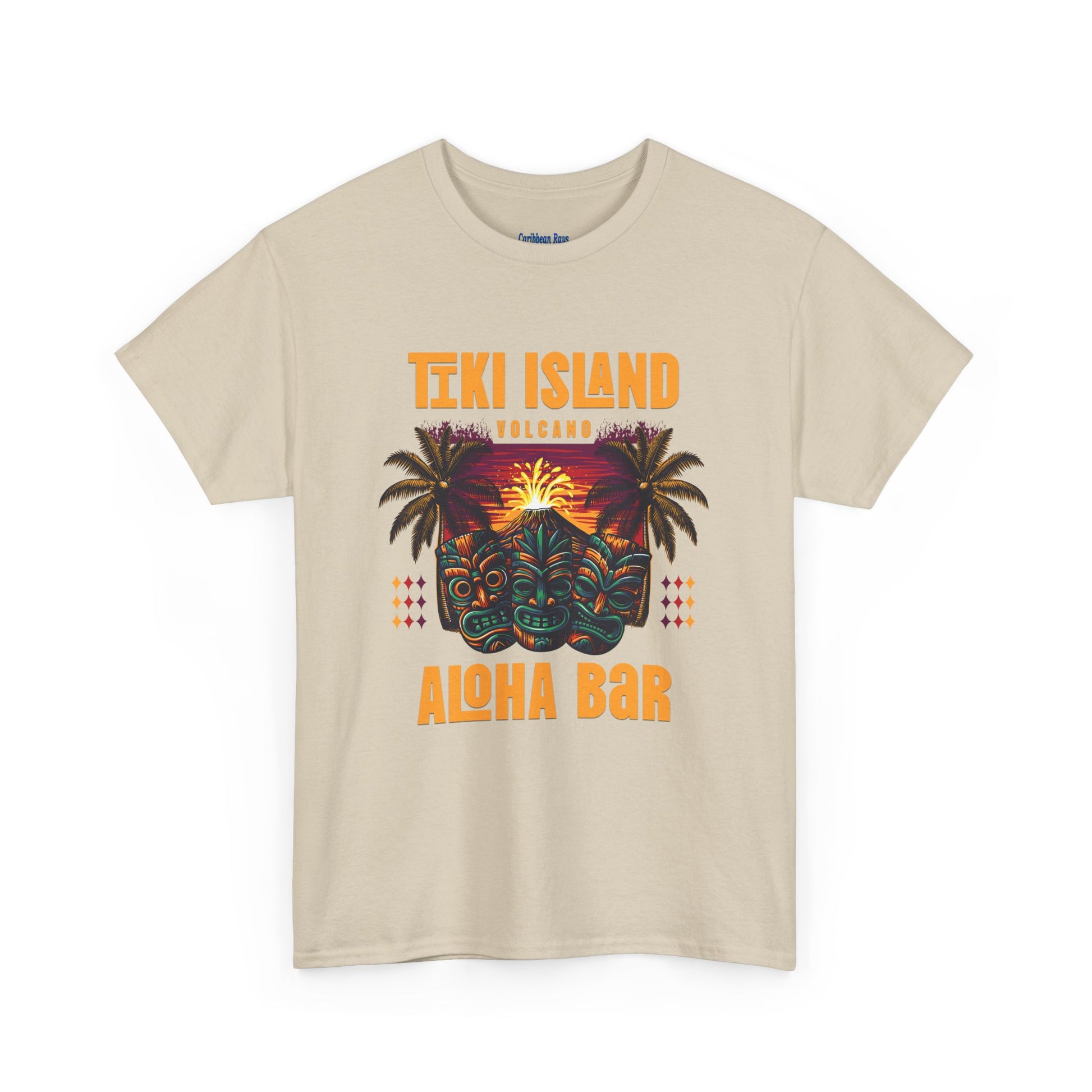 Beige t-shirt with Tiki Island and Aloha Bar design on a white background  at Caribbean Rays