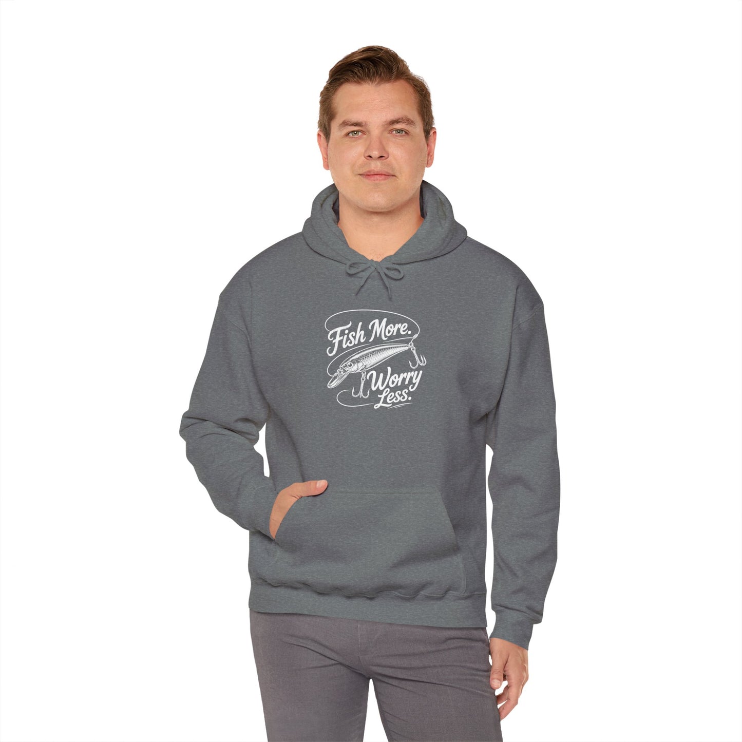 Fishing Hoodie - "Fish More Worry Less" Graphic Pullover