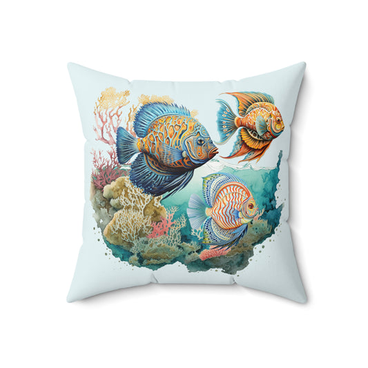 Trio Fish with Coral Left Spun Polyester Square Pillow - by Caribbean Rays