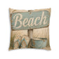 Square beach-themed floor pillow with teal “Beach” sign, sandals and beach bucket graphic