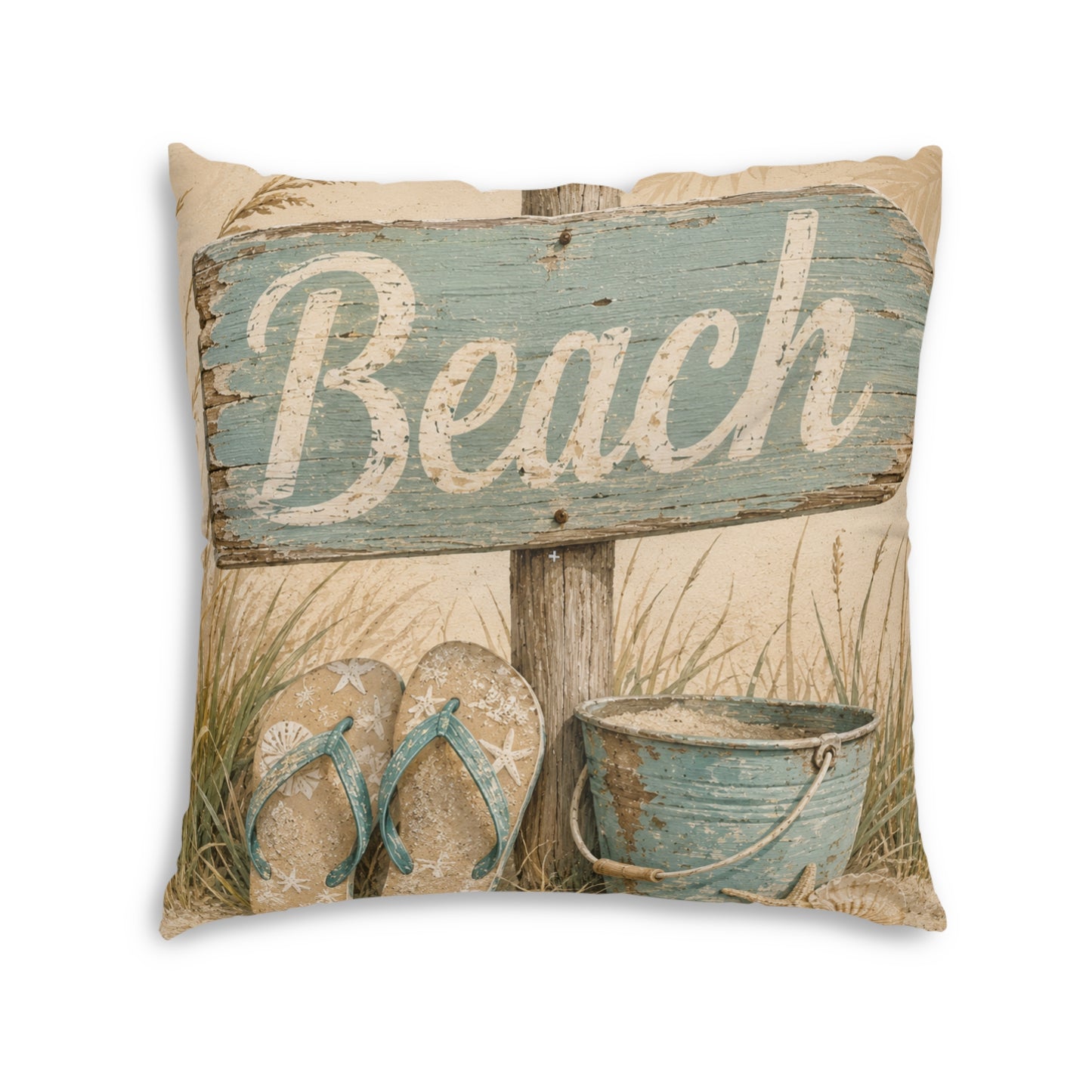 Square beach-themed floor pillow with teal “Beach” sign, sandals and beach bucket graphic