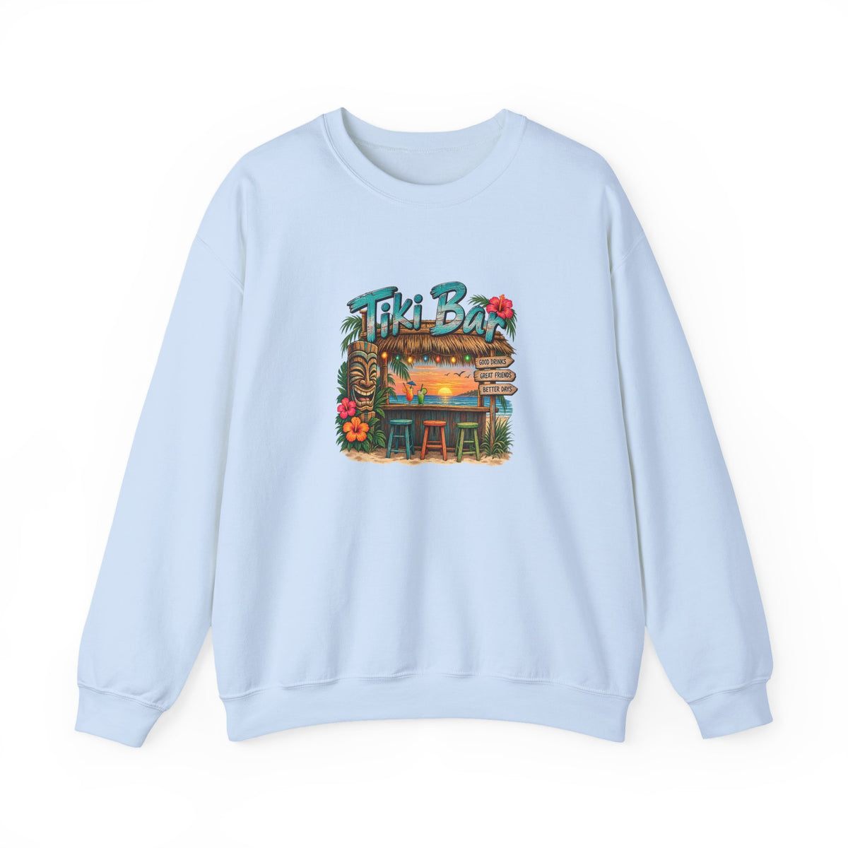 Tiki Bar Crewneck Sweatshirt — Retro Tropical Sunset Design