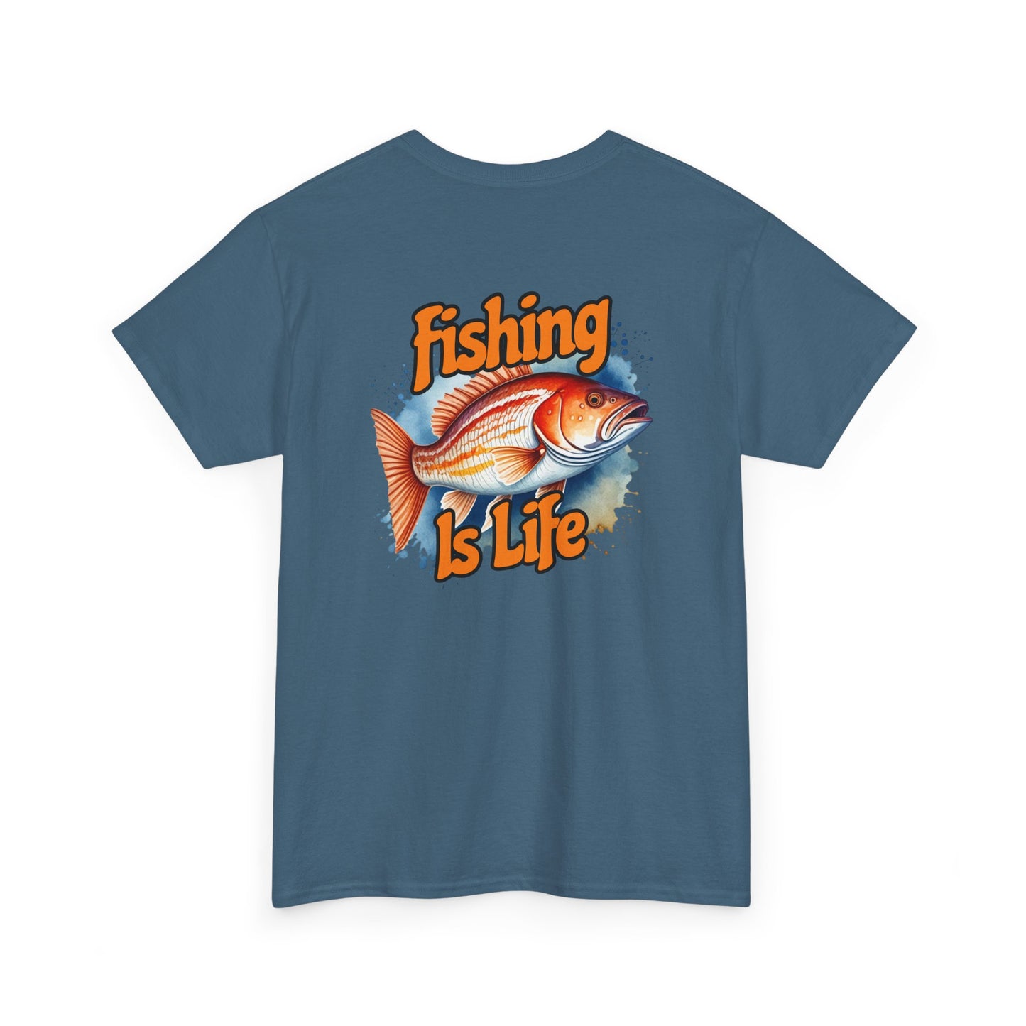 Blue t-shirt with a fish graphic and 'Fishing is Life' text on a white background