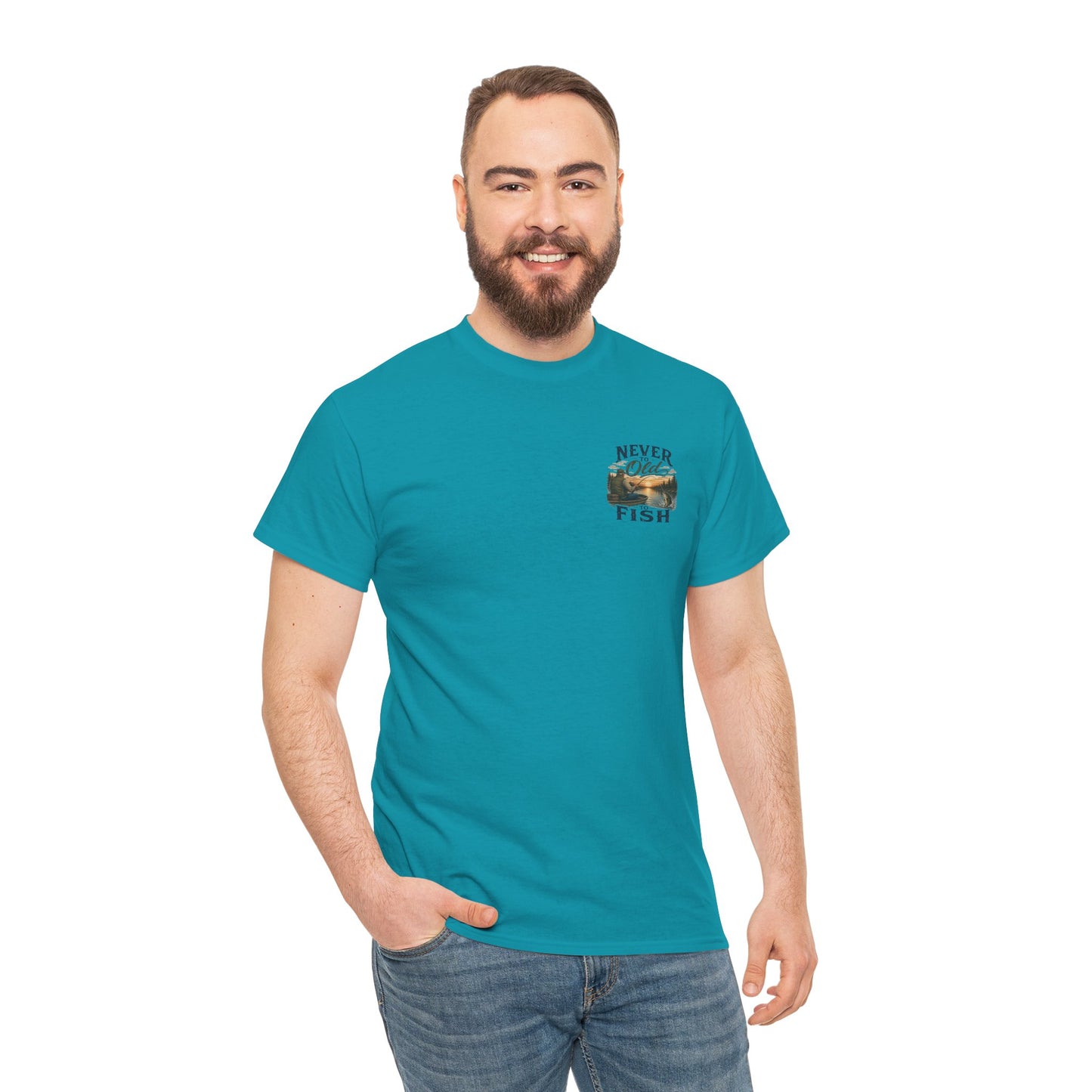 T-Shirt — "Never Too Old to Fish" Fishing Tee (Sunset Lake Design)