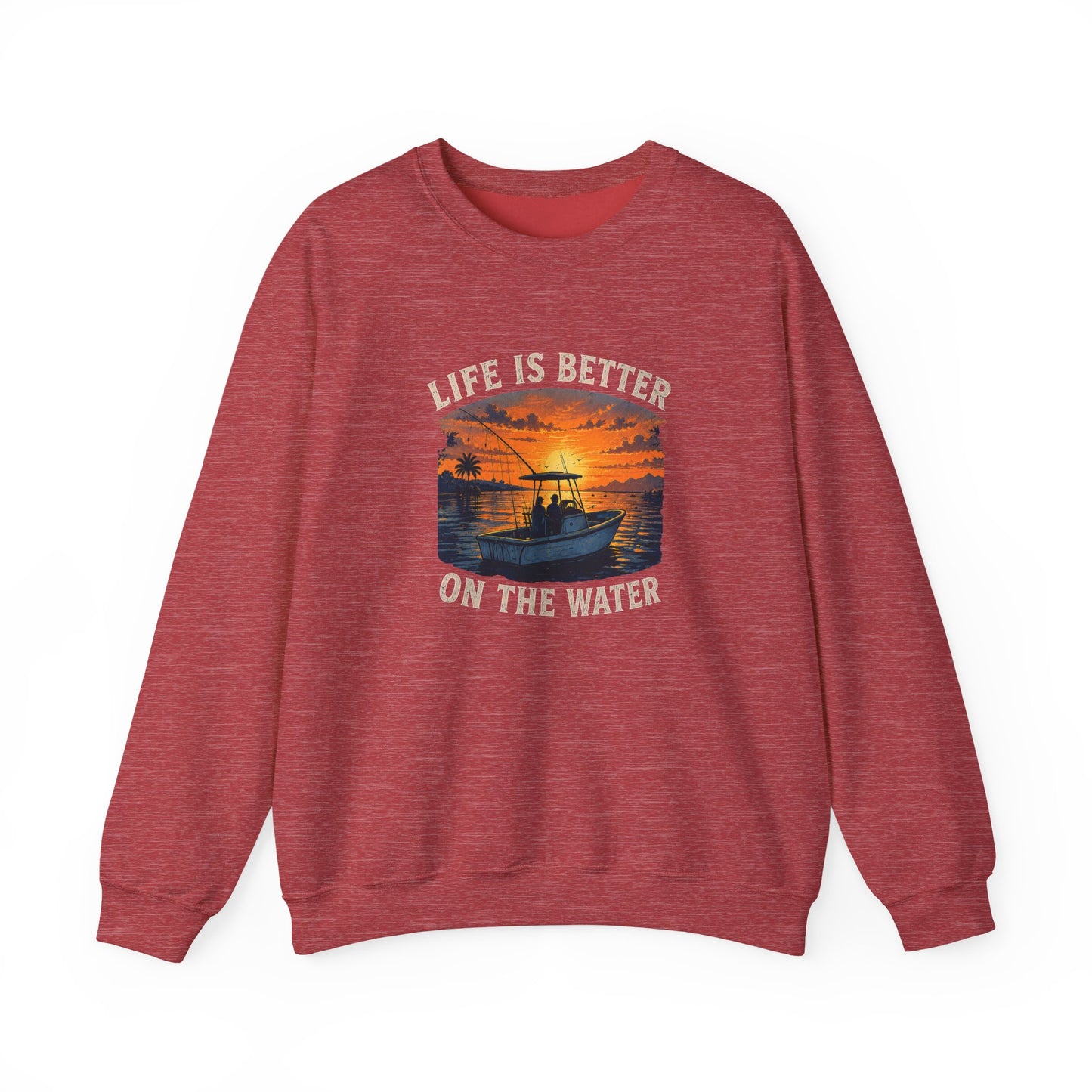 "Life Is Better On The Water" Crewneck Sweatshirt -Boat Sunset Graphic