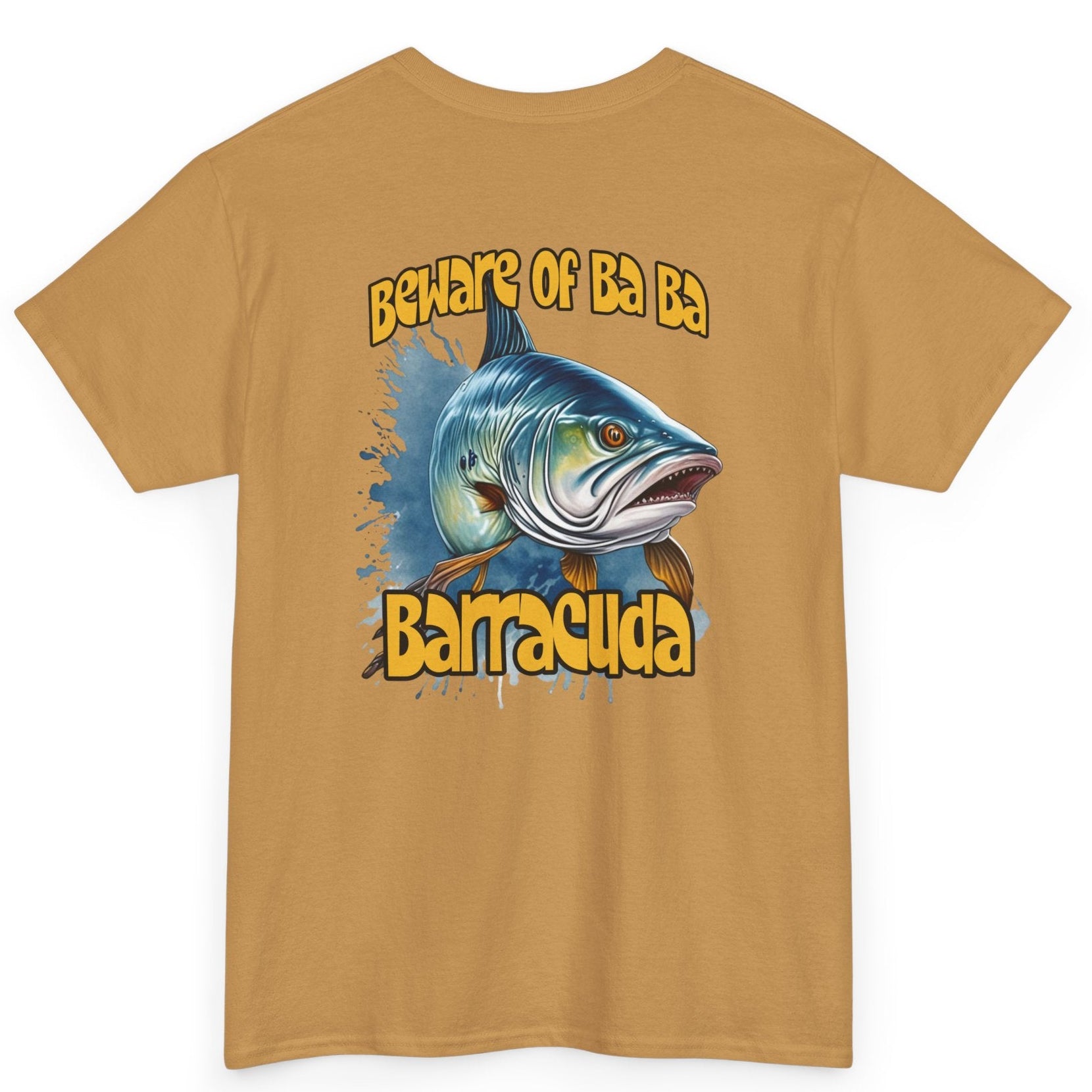Beige t-shirt with barracuda graphic and text on a white background