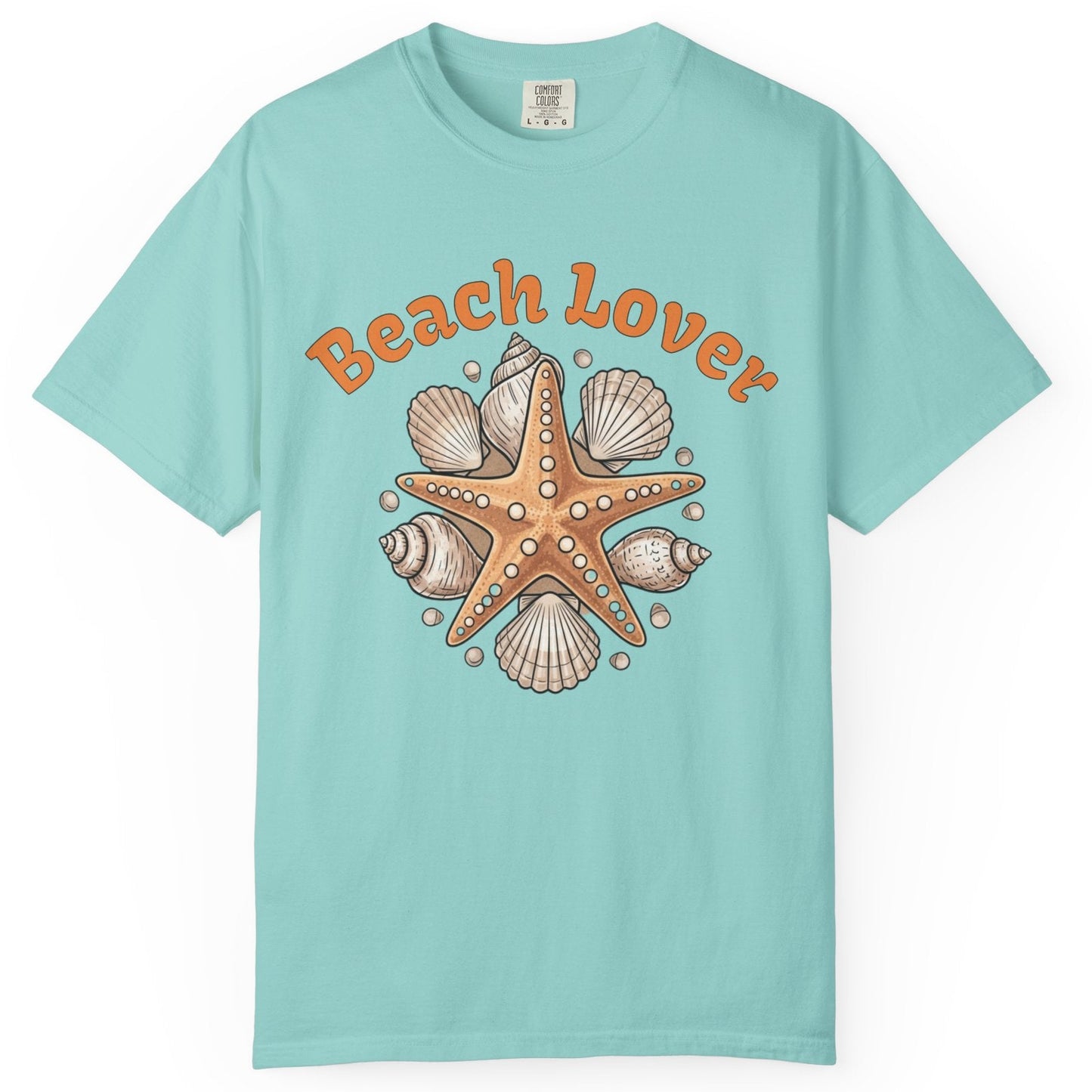 Light blue t-shirt with starfish and shell design and 'Beach Lover' text on a white background