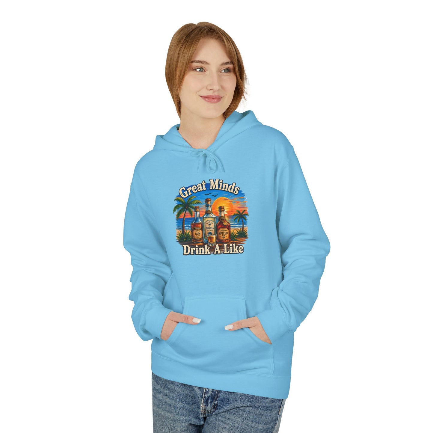 Great Minds Drink Alike Hoodie — Tropical Sunset Palm Beach Graphic Sweatshirt