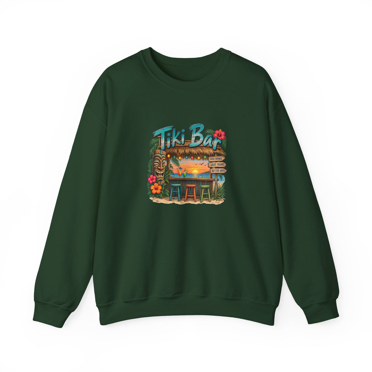 Tiki Bar Crewneck Sweatshirt — Retro Tropical Sunset Design