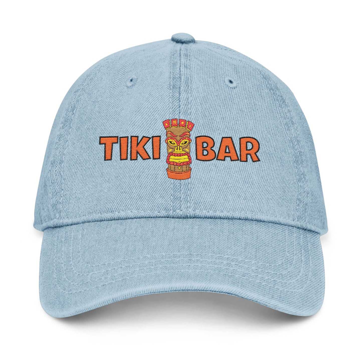 Tiki Bar Embroidered Hat — Vintage Tiki Totem Denim Baseball Cap