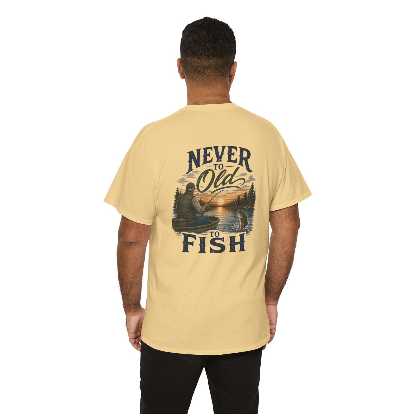 T-Shirt — "Never Too Old to Fish" Fishing Tee (Sunset Lake Design)
