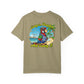 Beige t-shirt with a colorful parrot graphic and text on the back, on a white background