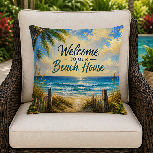 Outdoor beach-themed throw pillow on chair cushion, “Welcome to our Beach House” coastal scene print