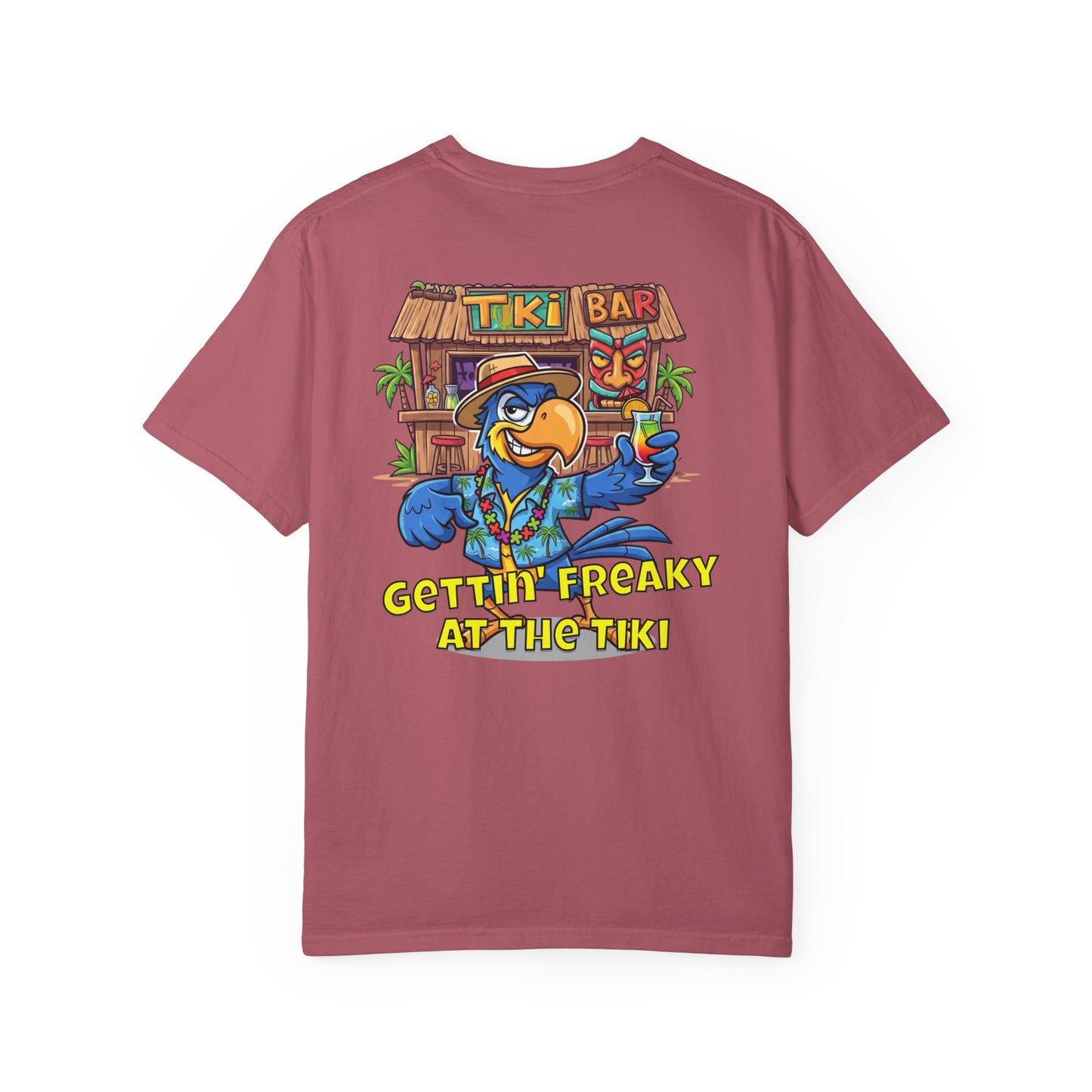 Maroon t-shirt with a colorful tiki bar graphic and text on the back