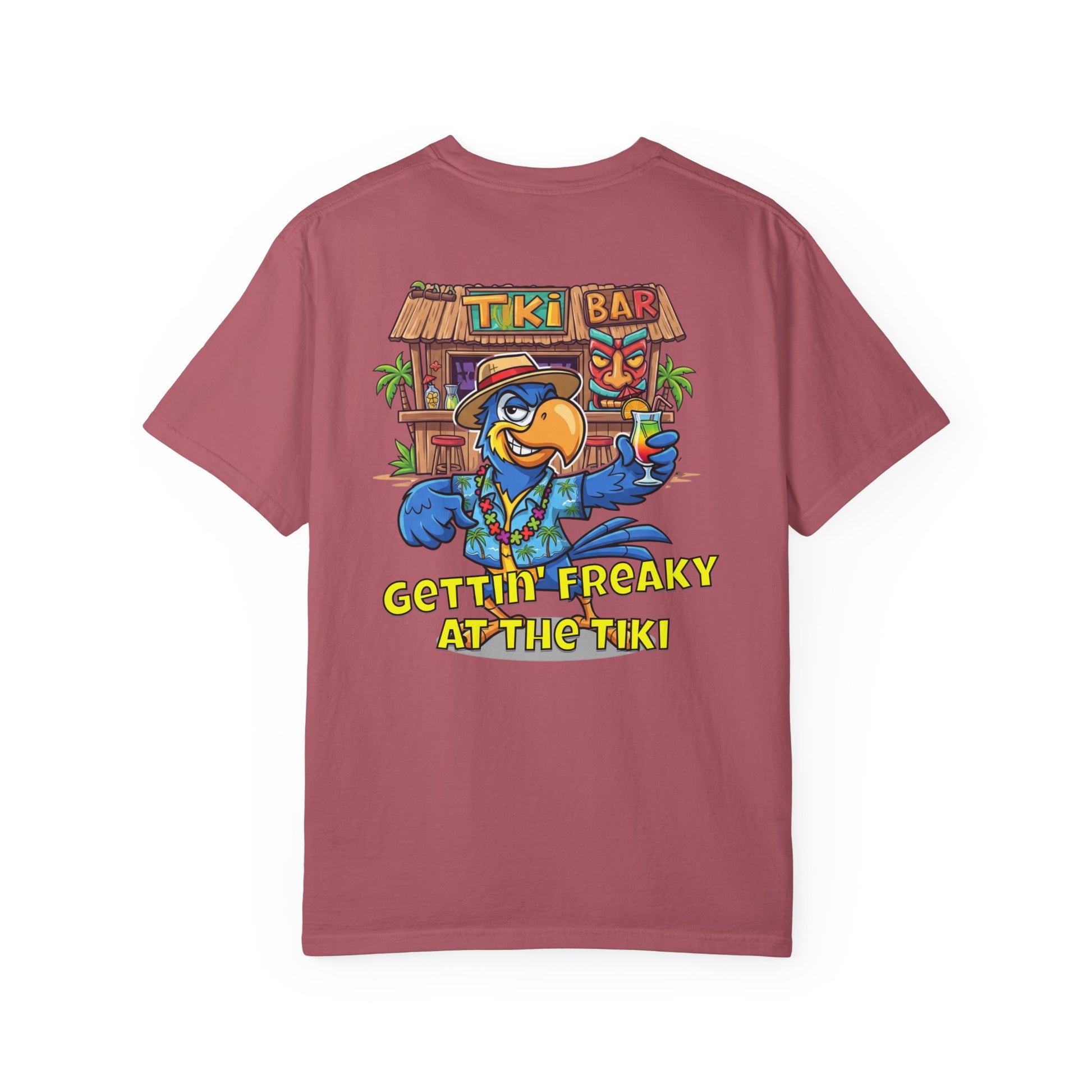 Maroon t-shirt with a colorful tiki bar graphic and text on the back