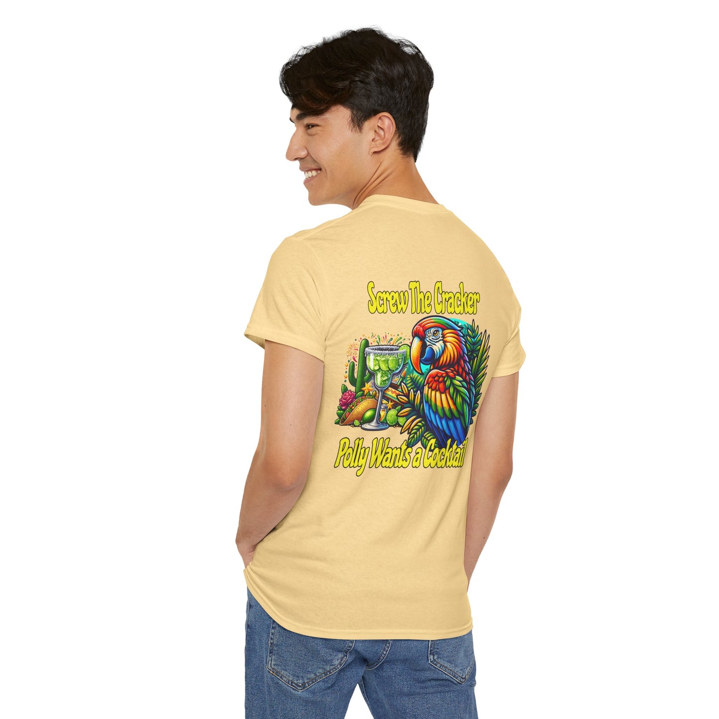 Cocktail Parrot Tee - Fun Retro Style, Unisex  Heavy Cotton T-Shirt,