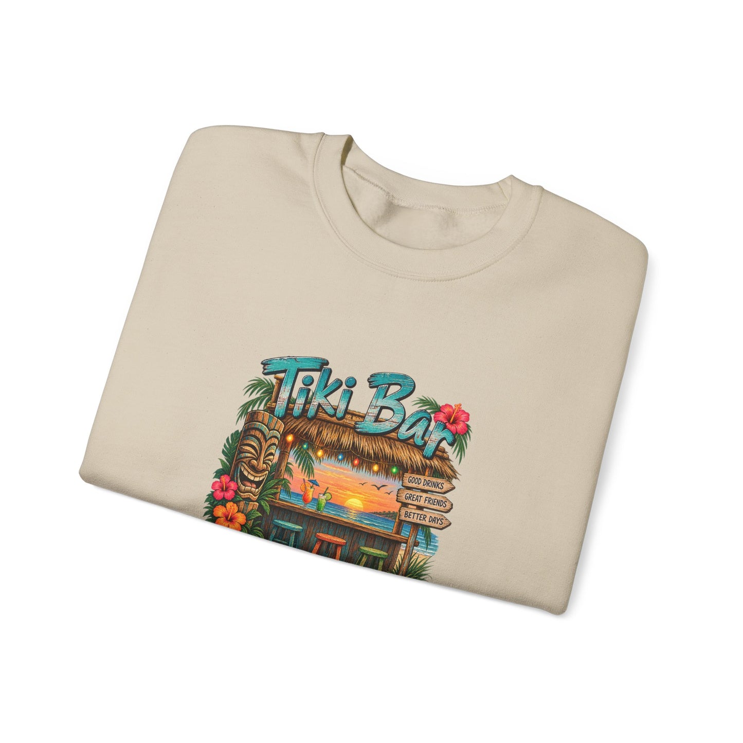Tiki Bar Crewneck Sweatshirt — Retro Tropical Sunset Design