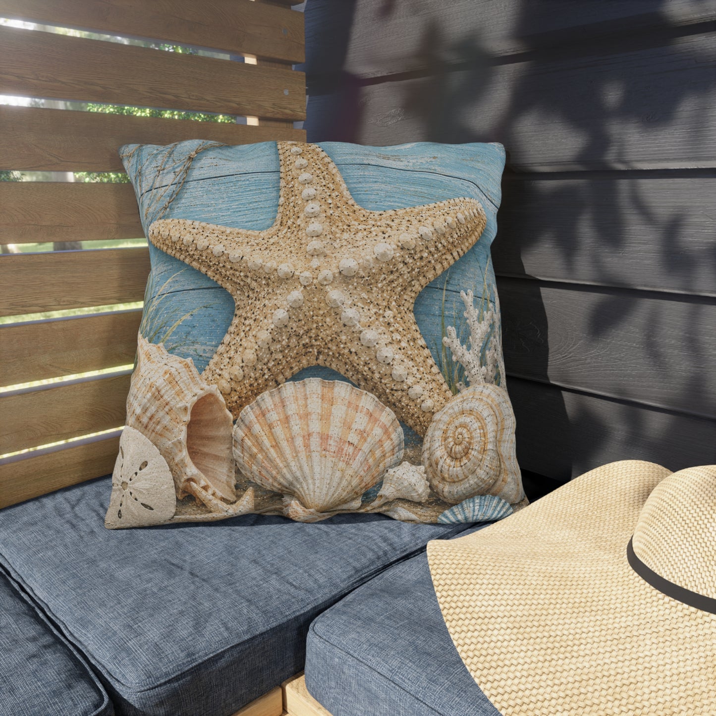 Coastal Starfish Outdoor Pillow — Beach Seashell Patio Cushion