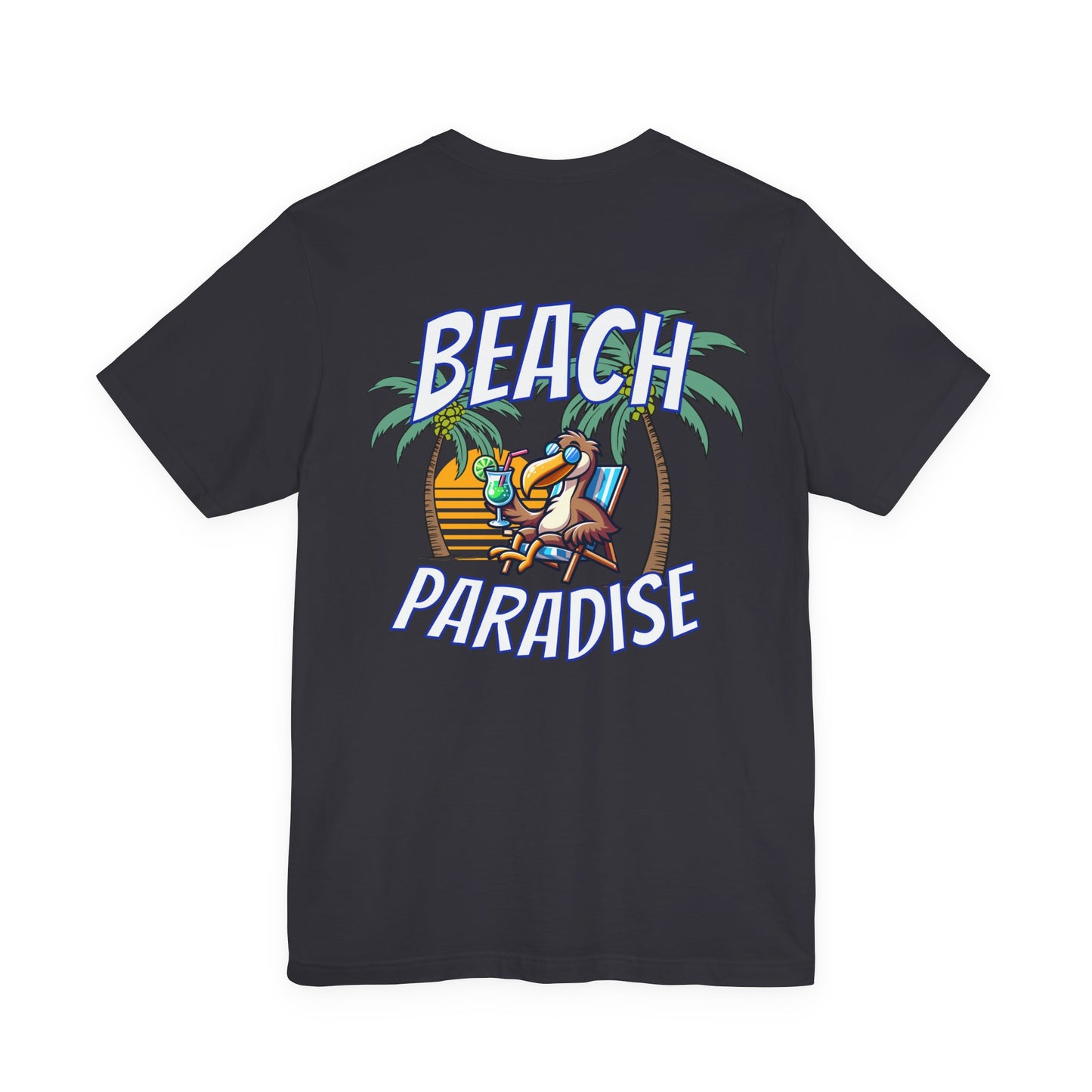 Black t-shirt with 'Beach Paradise' graphic on a white background by Caribbean Rays