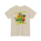 Beige t-shirt with a colorful parrot graphic and text on the back