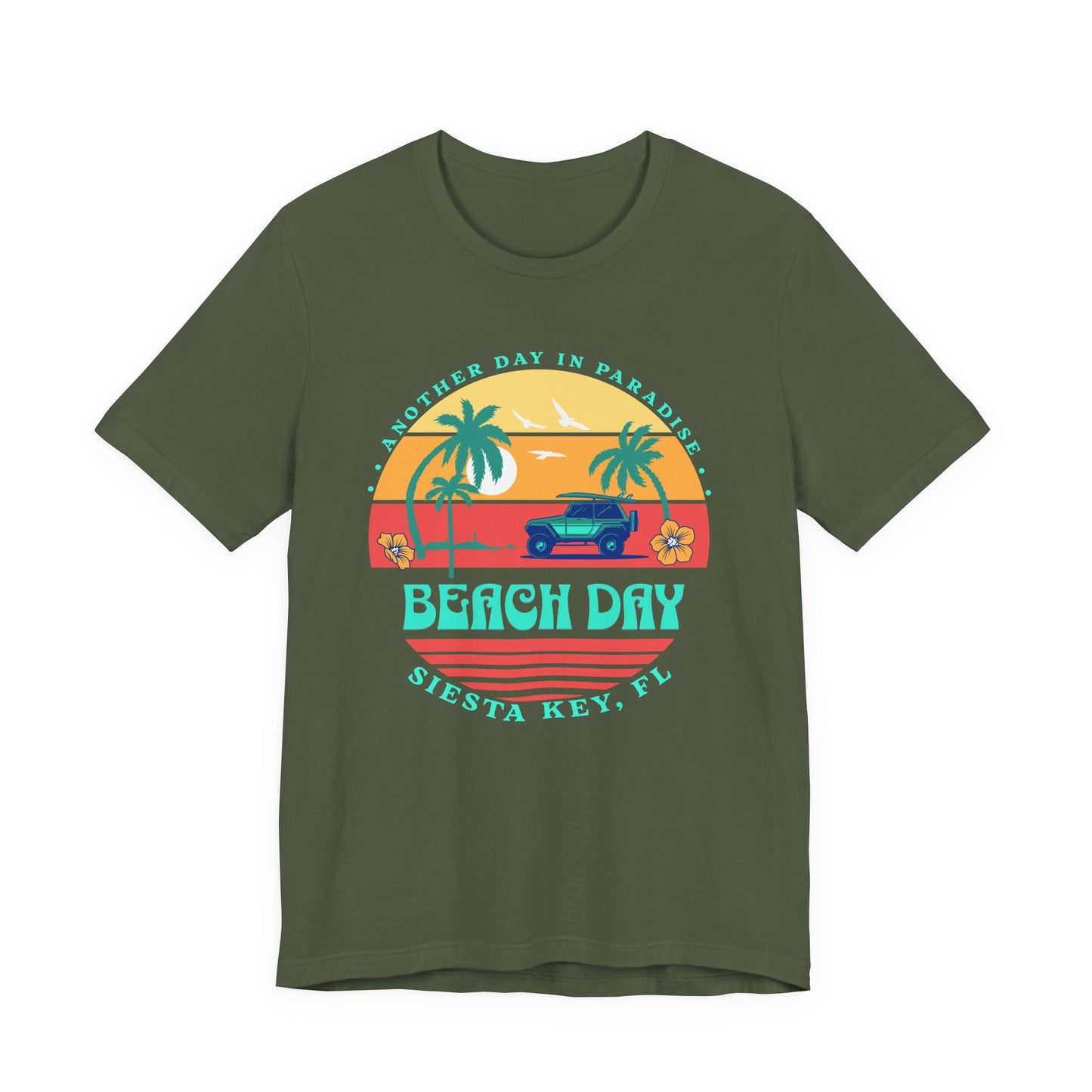 Green t-shirt with a 'Beach Day' graphic design on a white background by Caribbean Rays