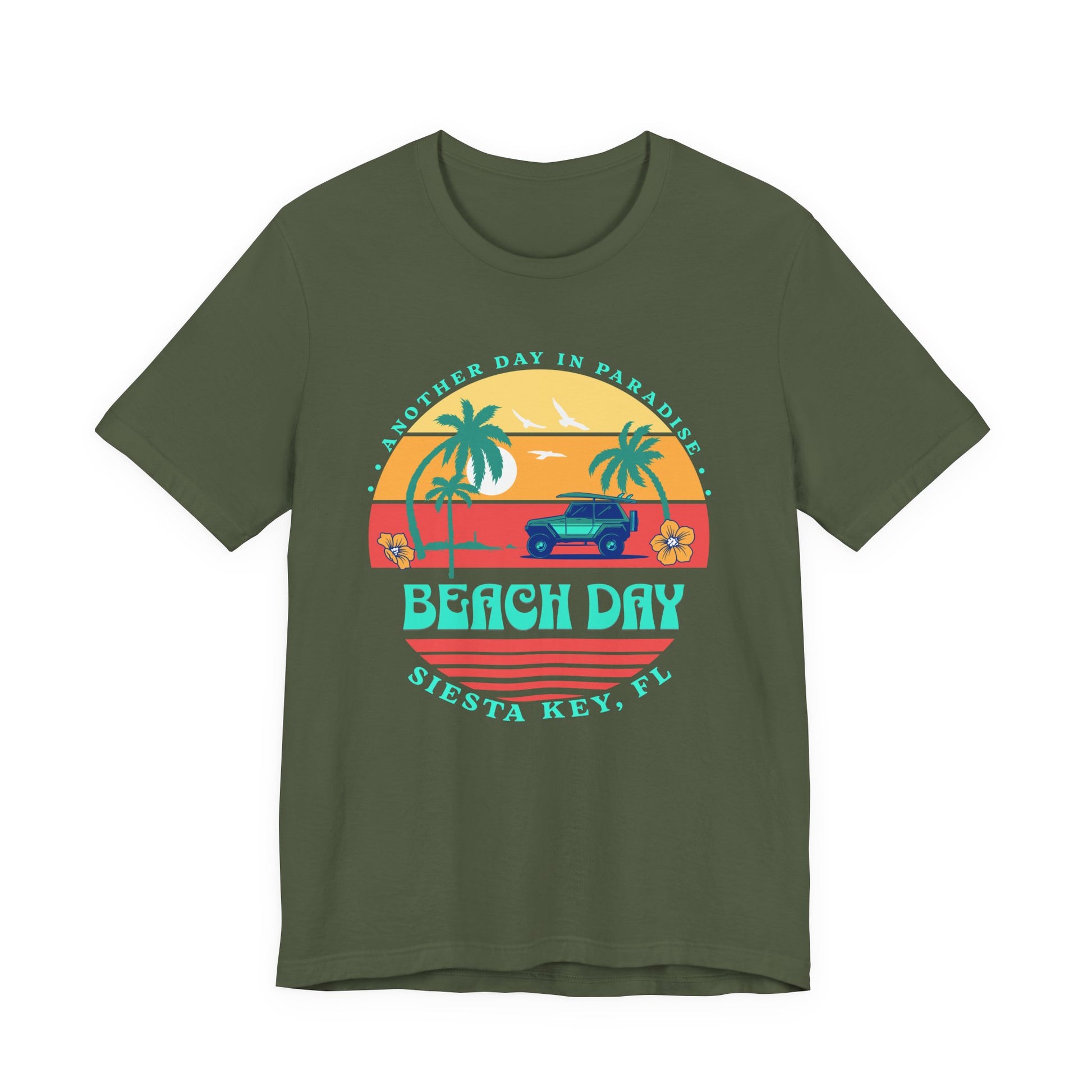Green t-shirt with a 'Beach Day' graphic design on a white background by Caribbean Rays
