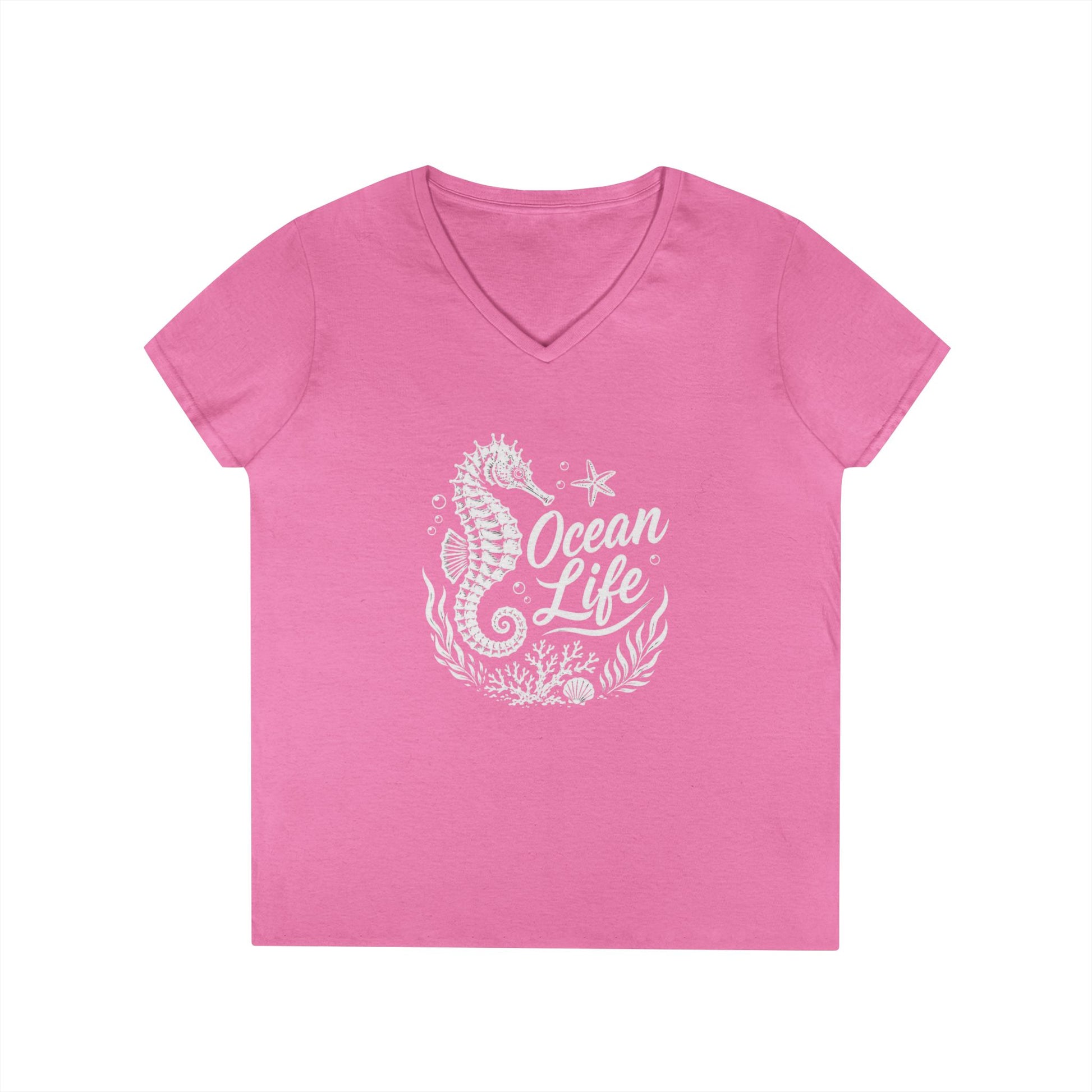 A pink short-sleeve V-neck t-shirt with a white graphic on the front featuring a seahorse, coral, and the words 'Ocean Life'.