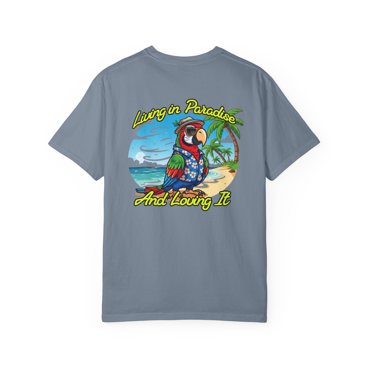 Gray t-shirt with a colorful parrot graphic and text on a white background