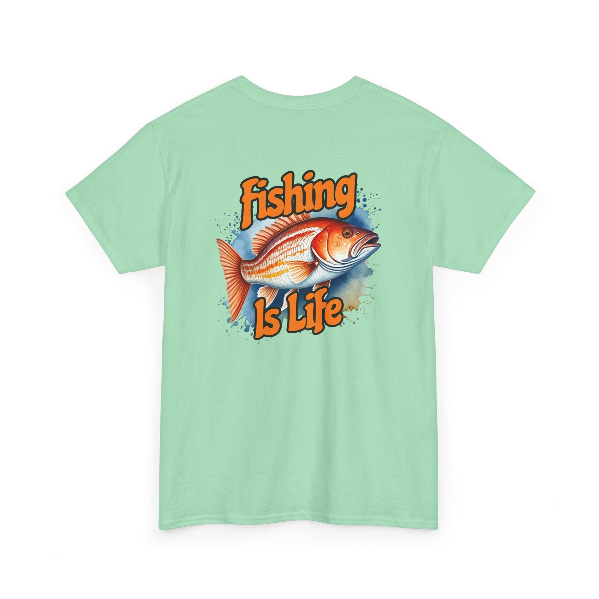 Light green t-shirt with 'Fishing is Life' graphic on a white background