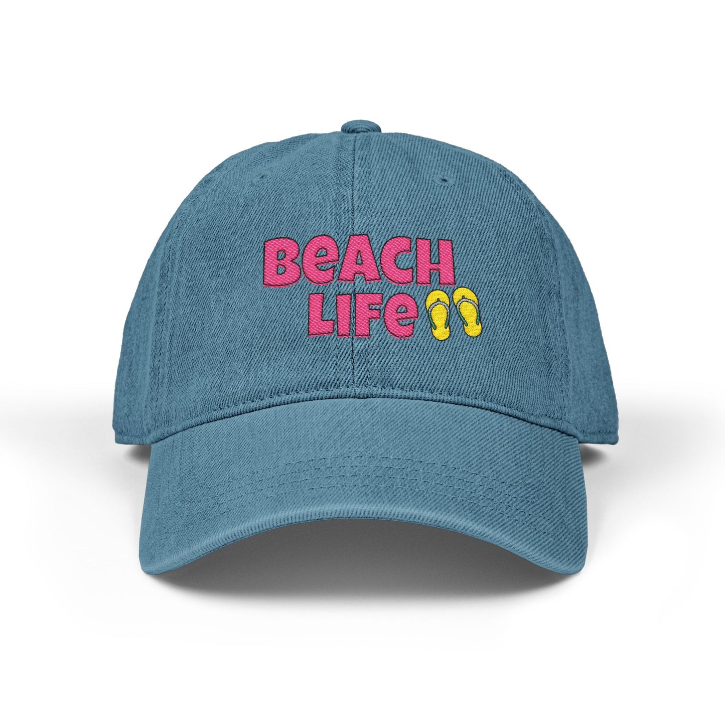 Blue cap with 'Beach Life' text and flip-flop graphics on a white background
