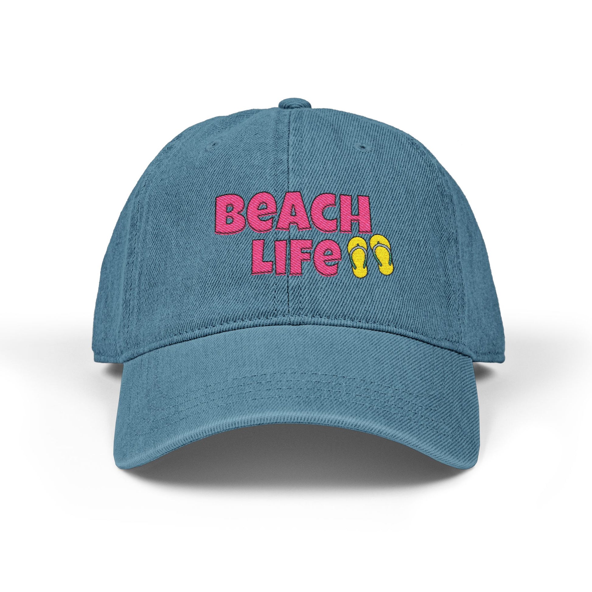 Blue cap with 'Beach Life' text and flip-flop graphics on a white background