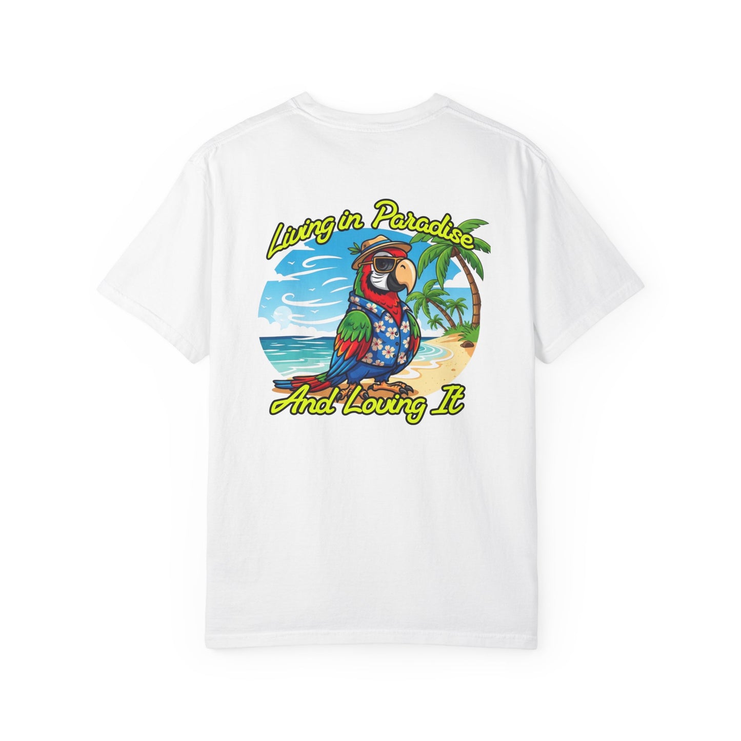 White t-shirt with a colorful parrot graphic and text on a white background