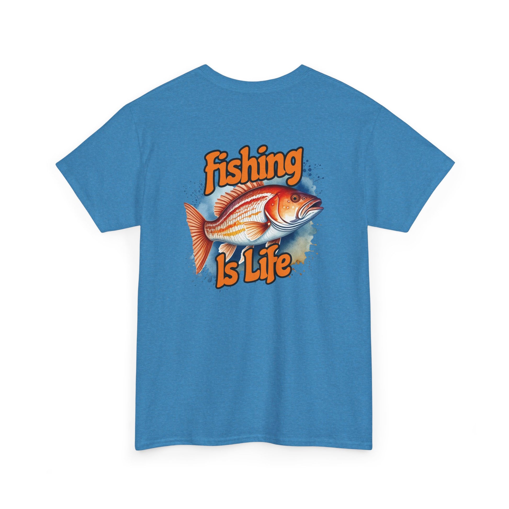 Blue t-shirt with 'Fishing is Life' graphic on a white background